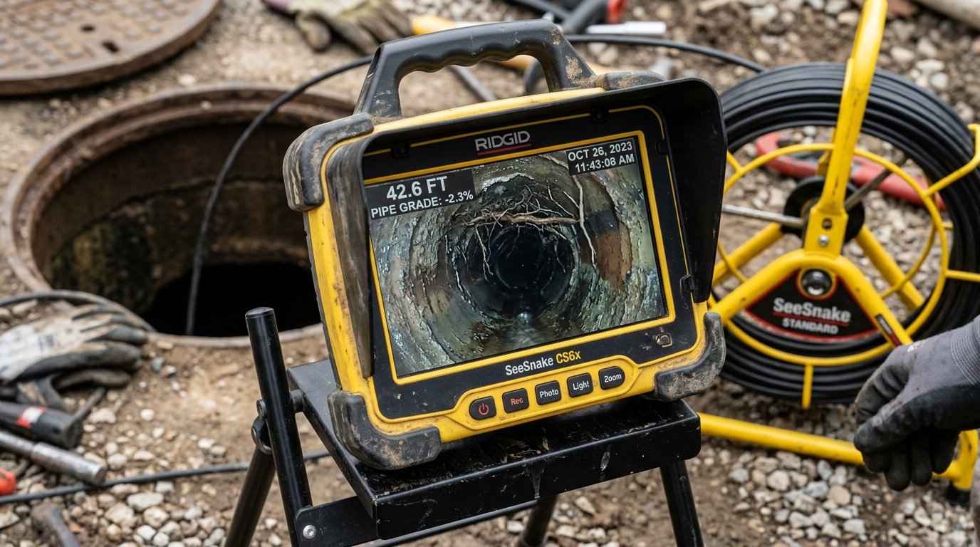 RIDGID SeeSnake pipe diagnostic monitor with live footage and distance counter HUD
